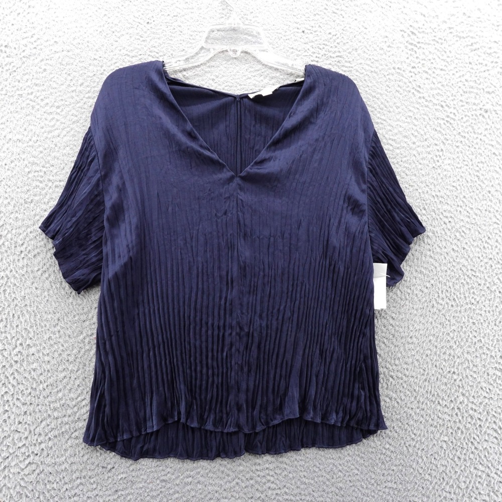 Vince Womens Navy Blue Pleated Crinkle V-Neck Short Sleeve Blouse Top XS NEW